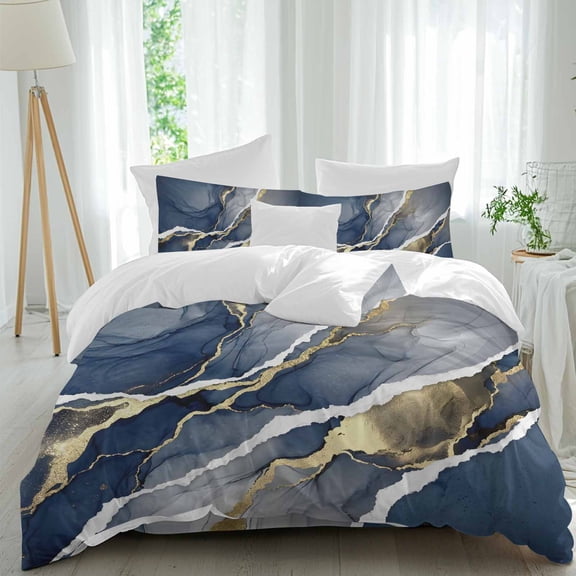 Abstract Comforter Set Twin Size, Blue Ink Gold Foiling Ocean Waves Luxury Soft Bedding Set for Man Woman, 4 Pieces Duvet Cover Set with Fitted Sheet, 2 Pillowcases