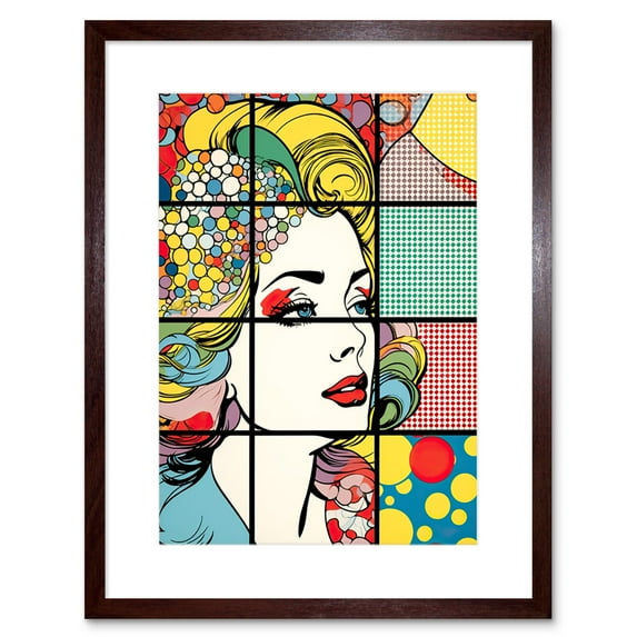 Abstract Comic Book Style Bubbles Geometric Patterns and Woman Face Pop Art Halftone Artwork Framed Wall Art Print 9X7 Inch