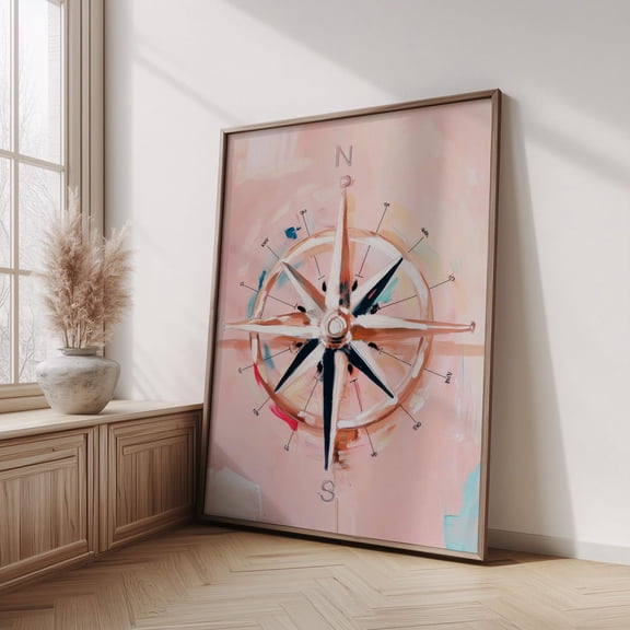 Abstract Compass Rose Art Print, Pastel Pink Nautical Wall Art, Modern Navigation Poster, Boho Travel Decor, Coastal Art