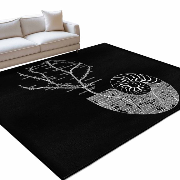 Abstract Conch Area Rugs 6x9ft Marine Life City Route Black Background Floor Rug Non Slip Low Pile Ultra Soft Throw Carpet for Entryway Indoor Entrance Kitchen Bathroom