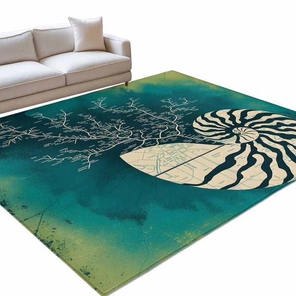 Abstract Conch Area Rugs 6x9ft Marine Life City Route Turquoise Gradient Floor Rug Non Slip Low Pile Ultra Soft Throw Carpet for Entryway Indoor Entrance Kitchen Bathroom