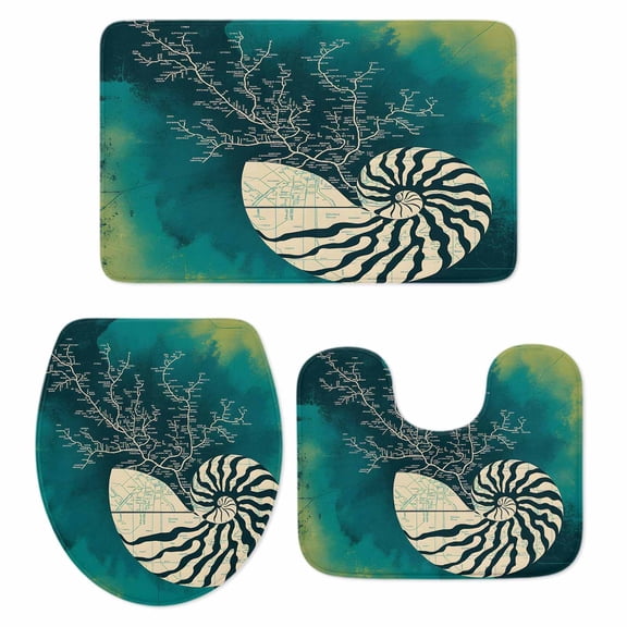 Abstract Conch Bathroom Rugs Set Marine Life City Route Turquoise Gradient Non Slip Absorbent Soft Bath Mats 3 Piece Set with Bathroom Rug, U-Shaped Floor Mat, Toilet Seat Cover Small Size