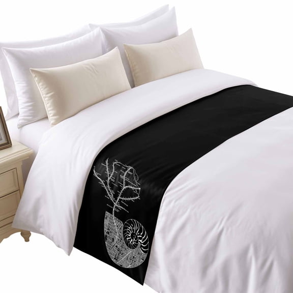 Abstract Conch Bed Runner for Queen Size Bed, Marine Life City Route Black Background Soft Bedding Scarf Bedding Protector Slipcover Sofa Throw for Bedroom Hotel Guesthouse
