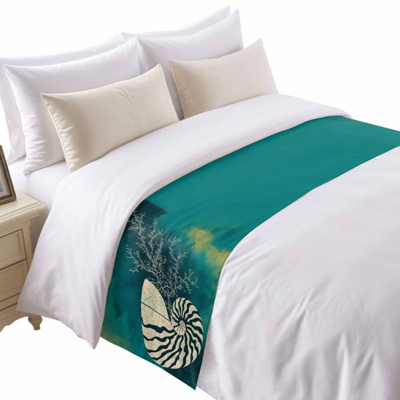 Abstract Conch Bed Runner for Twin Size Bed, Marine Life City Route Turquoise Gradient Soft Bedding Scarf Bedding Protector Slipcover Sofa Throw for Bedroom Hotel Guesthouse