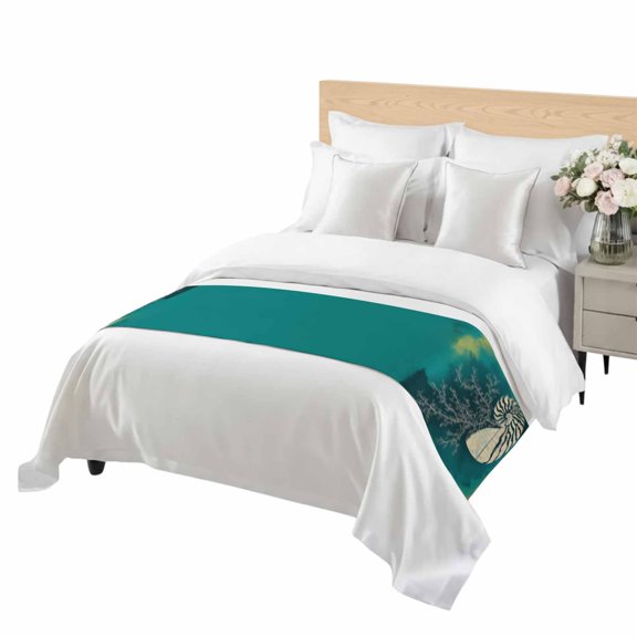 Abstract Conch Bed Runner Twin Size Marine Life City Route Turquoise Gradient Soft Bed Scarf for Foot of Bed, Decorative Bedding Scarf Protection for Hotel Home Bedroom 71 x 20 Inch