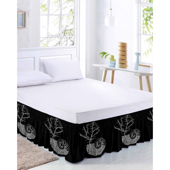 Abstract Conch Bed Skirt California King Size 18 Inch Drop, Marine Life City Route Black Background Adjustable Elastic Dust Ruffles Bedskirt Wrap Around Pleated Mattress Frame Cover