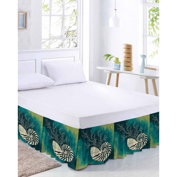 Abstract Conch Bed Skirt Queen Size 16 Inch Drop, Marine Life City Route Turquoise Gradient Adjustable Elastic Dust Ruffles Bedskirt for Queen Bed Wrap Around Pleated Mattress Frame Cover