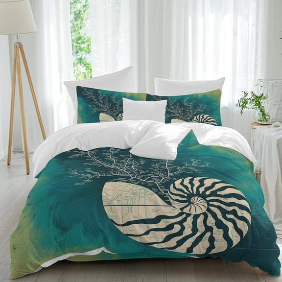 Abstract Conch Duvet Cover Set Twin Size, Marine Life City Route Turquoise Gradient 4 Piece Bedding Set with Zipper Closure & Corner Ties Soft Breathable Comforter Cover for Bedroom