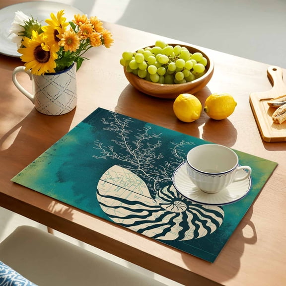 Abstract Conch Placemats Set of 1, Marine Life City Route Turquoise Gradient Non-Slip Place Mats Washable Table Mats for Kitchen Dining Table Decorations Indoor/Outdoor