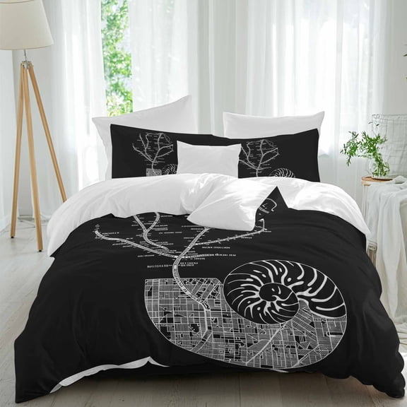 Abstract Conch Twin Duvet Cover Set, Marine Life City Route Black Background 4 Piece Microfiber Bedding Set with Zipper Closure, Bed Sheet and 2 Pillow Shams, Soft Bedding Cover