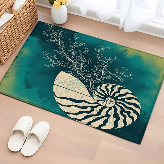 Abstract Conch Washable Small Entryway Area Rugs 2'x3', Marine Life City Route Turquoise Gradient Low Pile Throw Rug Non-Slip Sturdy Edge Binding Carpet for Front Door Floor Room Entry