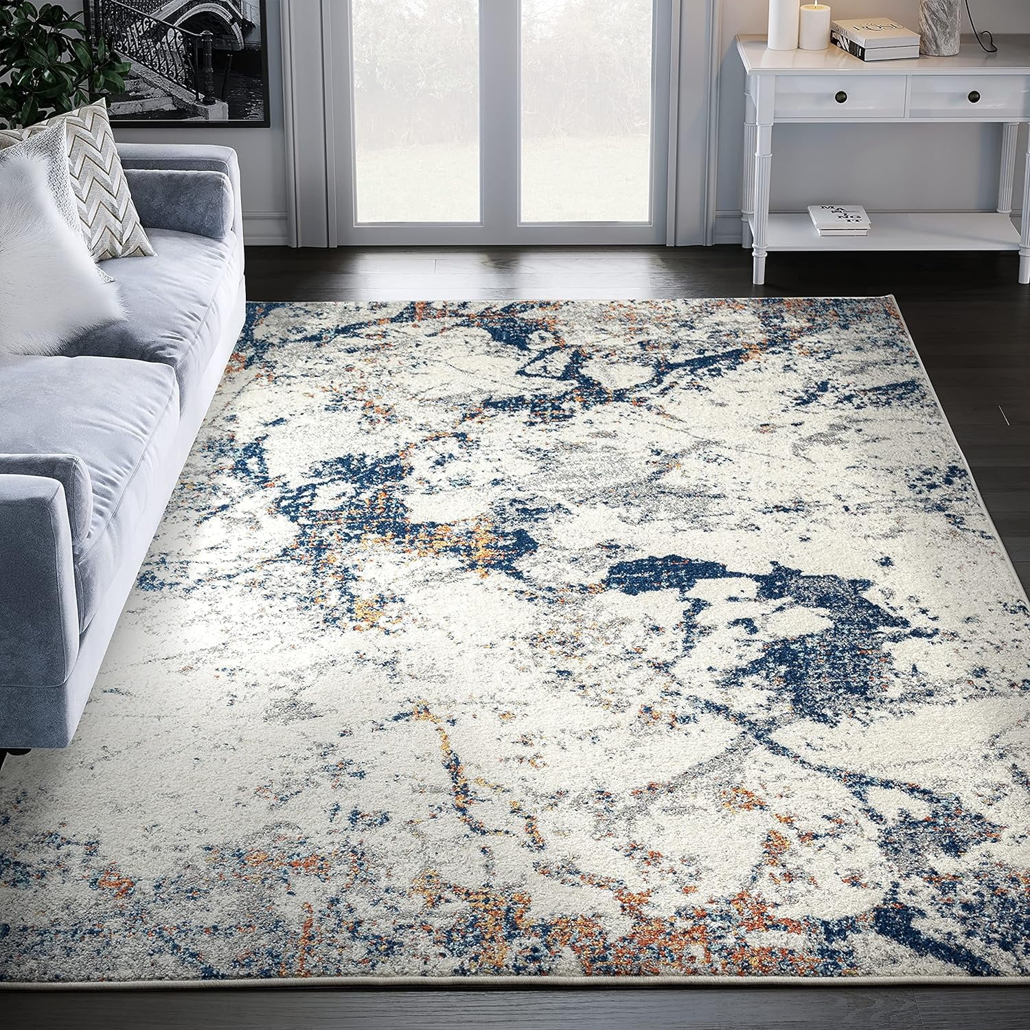 Abstract Contemporary Living Room Rug Modern Grey & Blue blot Non