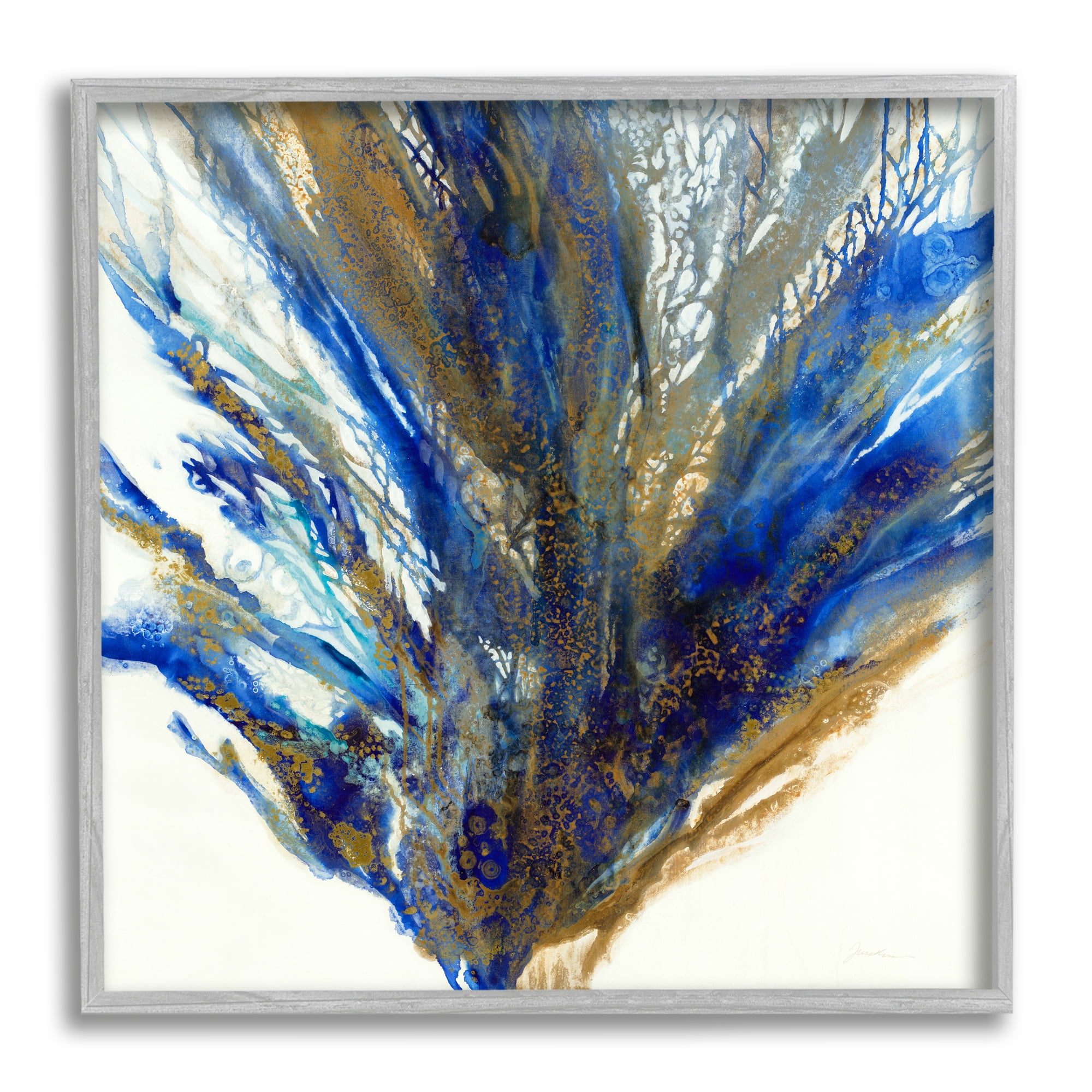 Abstract Coral Burst Nautical Blue Brown Expression Abstract Framed Art Print Wall Art, 17x17
