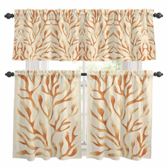 Abstract Coral Kitchen Curtains Valances and Tiers Set of 3 Beige Orange Color Block Tier Curtains and Valance with Rod Pocket for Small Windows, 27.5"x24"