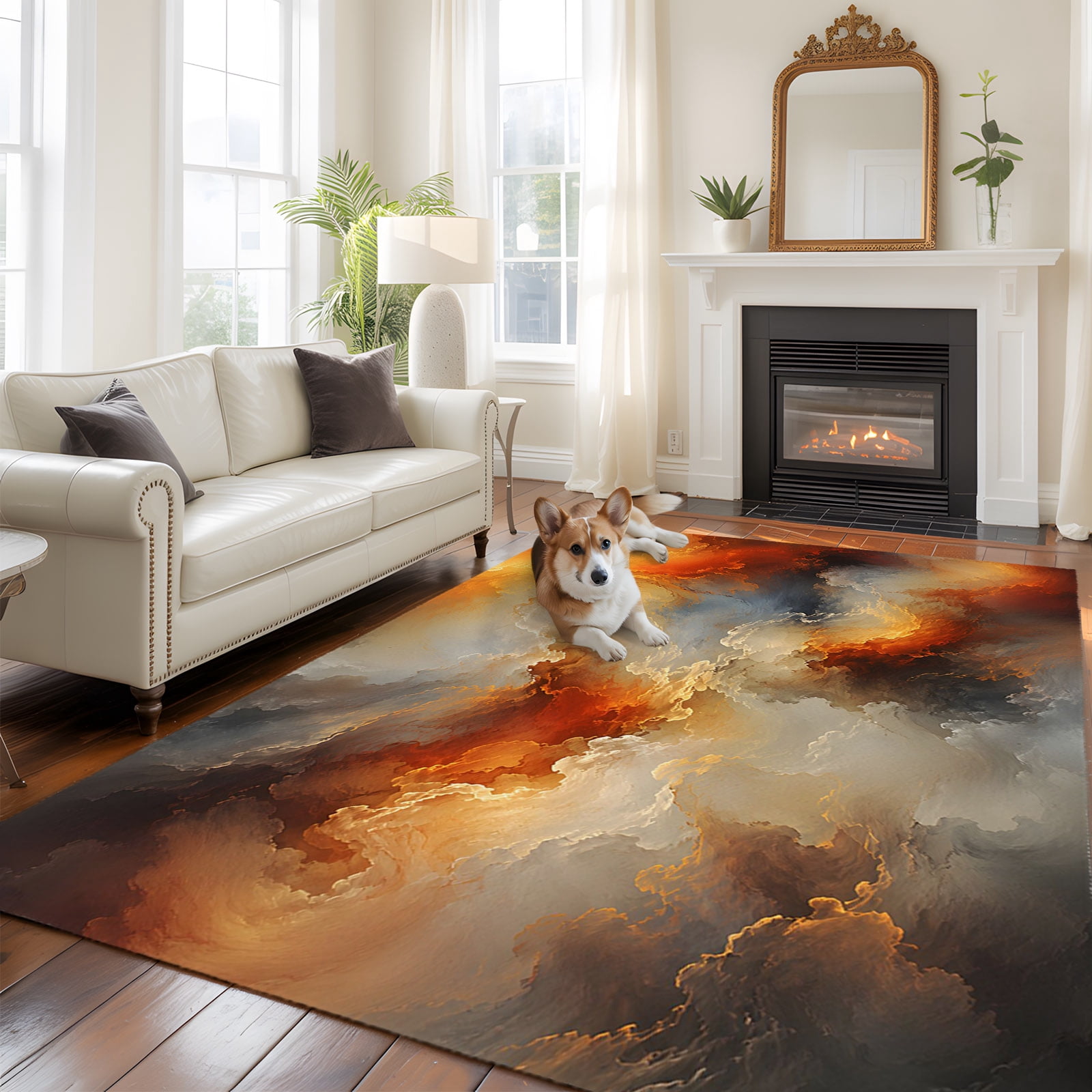 Abstract Cosmic Area Rug, Orange Gray Ombre Cloud Smog Waves Color ...