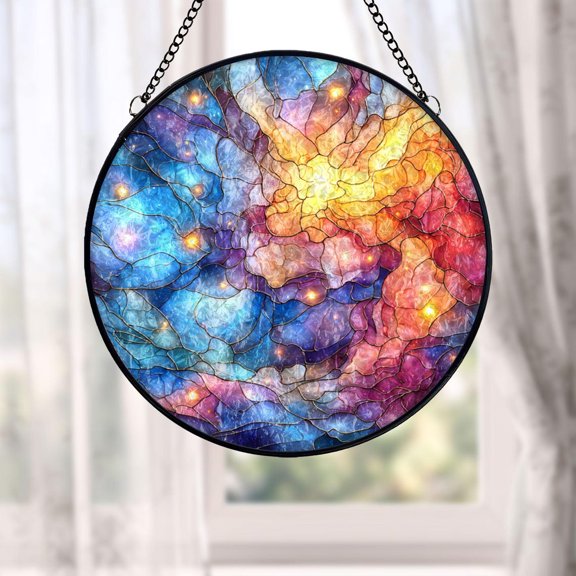 Abstract Cosmic Glass Suncatcher, Colorful Galaxy Window Hanging Celestial Art, 6.3 in