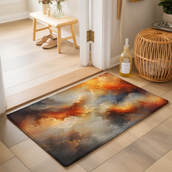 Abstract Cosmic Washable Small Entryway Area Rugs 2'x3', Orange Gray Ombre Cloud Smog Waves Color Patches Washable Throw Rug Non-Slip Sturdy Edge Binding Carpet for Front Door Floor Room Entry