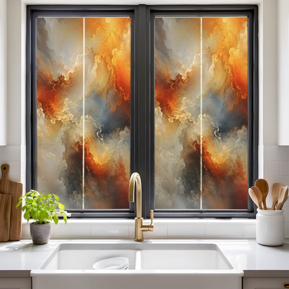 Abstract Cosmic Window Privacy Film Orange Gray Ombre Cloud Smog Waves Color Patches Non Adhesive Window Cling Stickers Static Cling Glass Decals for Home Party Decoration 17.7 x 39.3 in