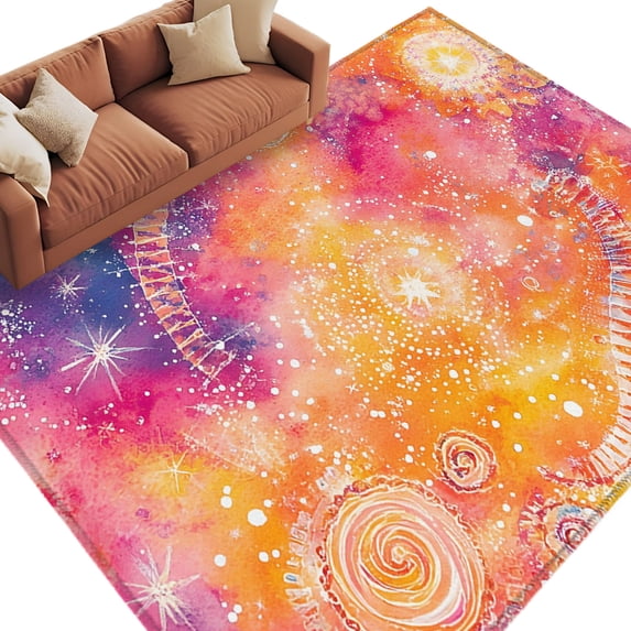 Abstract Cosmos Washable Living Room Rugs 8'x10', Clouds Star Pink Orange Dreamlike Low Pile Throw Large Area Rug Non-Slip Sturdy Edge Binding Carpet for Bedroom Dining Room Office