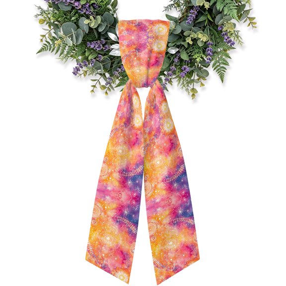 Abstract Cosmos Wreath Sash for Front Door, Clouds Star Pink Orange Dreamlike Satin Wreath Ribbon Bow Accessory Garland Home Decor for Doorway Porch Yard 4.5x56