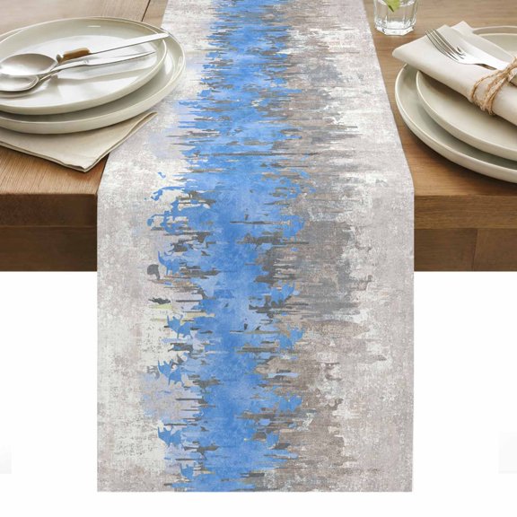 Abstract Cotton Linen Table Runner Blue Grey Graffiti Silhouette Art Modern Painting Dining Table Runners for Home Decor Party Dining Room Restaurant Kitchen Party 13" x 36"