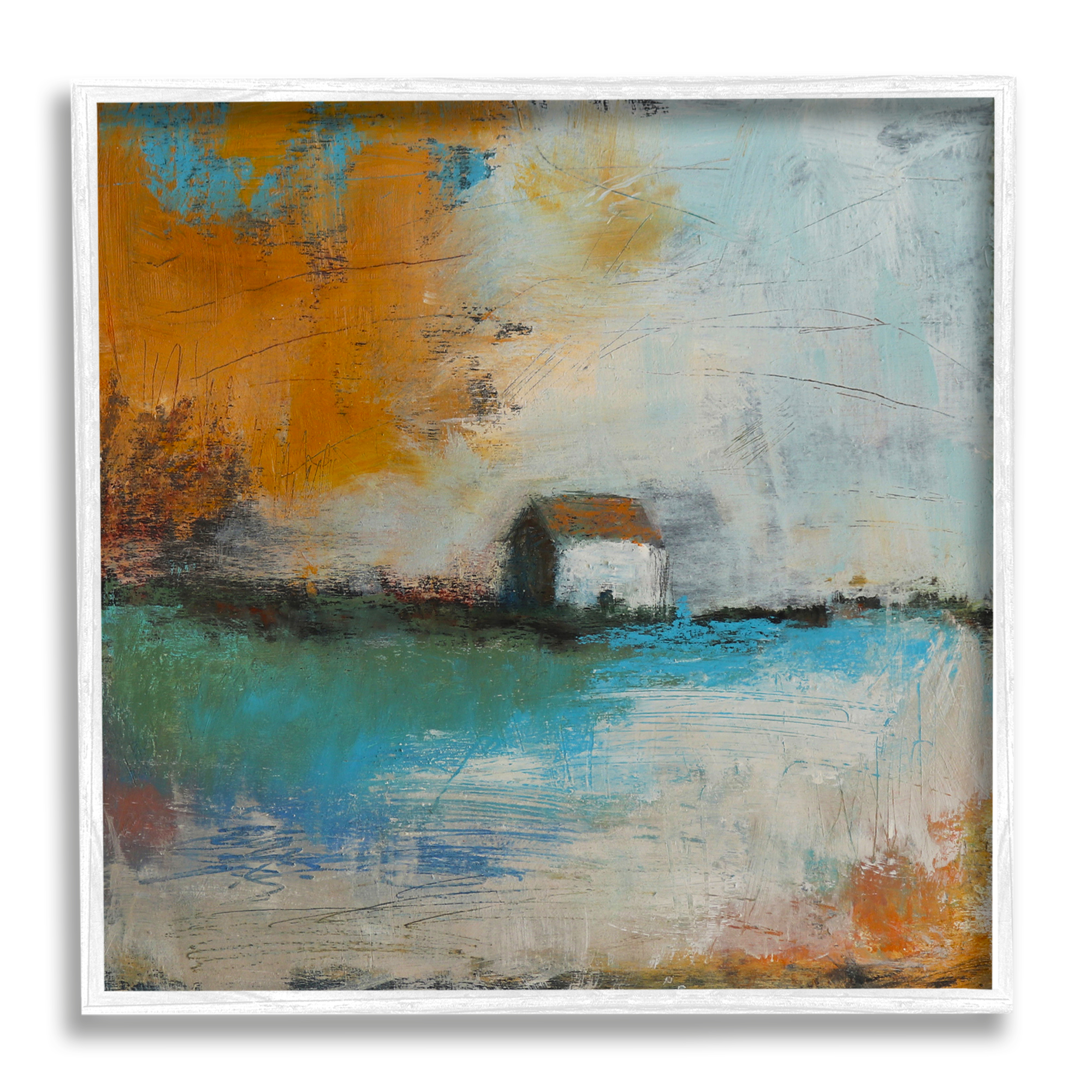 Abstract Country Farmhouse Landscape Orange Blue Sky Abstract Framed Art Print Wall Art, 17x17