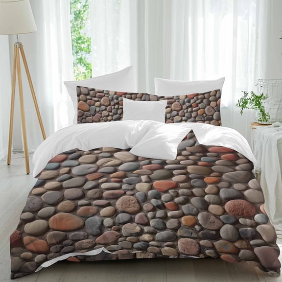 Abstract Country Stones Queen Size Bed Set,Cobblestones Pattern Bedding for All Seasons,4 Pcs Bed Set,1 Quiltcover(90"x92"),1 Sheet(94"x116"),2 Pillowcases(30"x20")