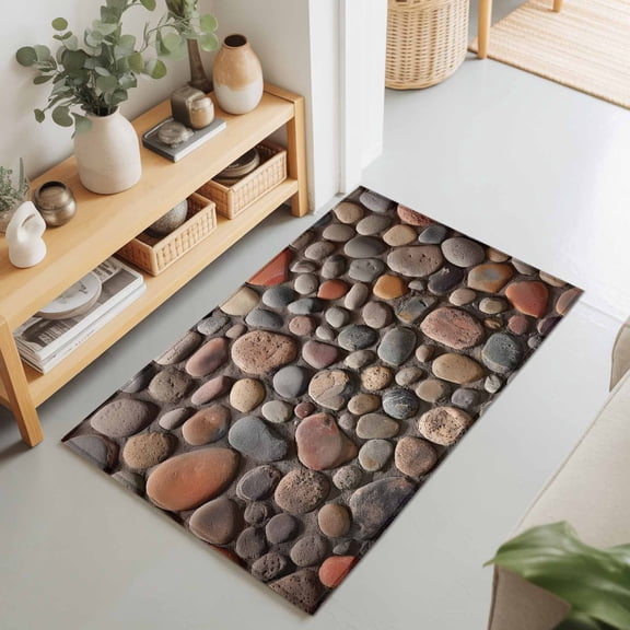 Abstract Country Stones Rectangle Rug 2'x3' Cobblestones Pattern Washable Area Rugs for Living Room Bedroom Entryway Non Slip Entrance Door Mat Indoor Floor Carpet