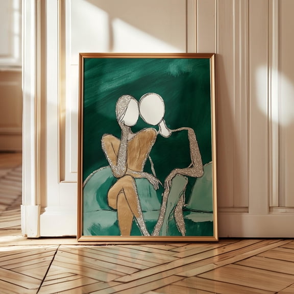 Abstract Couple Art Print, Modern Figurative Artwork, Minimalist Romantic Embrace, Green And Gold, Emotional Connection Wall Art Wall Art, Modern Wall Decor, 8x12 UNFRAMED