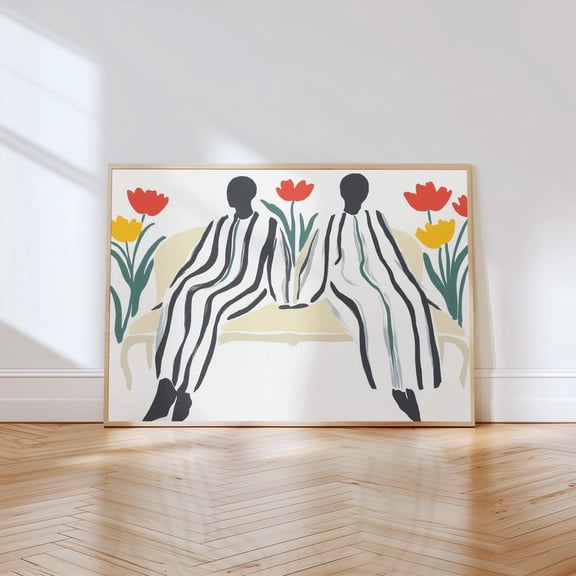 Abstract Couple Art Print, Modern Floralminimalist Black And White Figures, Striped Lovers Colorful Tulip Decor Wall Art, Modern Wall Decor, 8x12 UNFRAMED