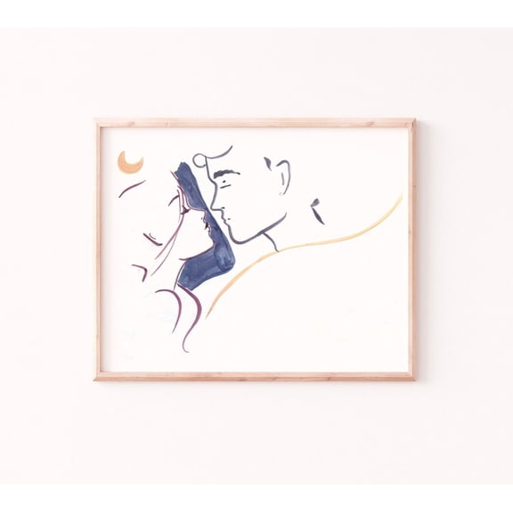 Abstract Couple Art Print - Soft Goodnight Kiss Poster Art Print Home Decor, Stretched Canvas Size 16x24 F03.1.21l249