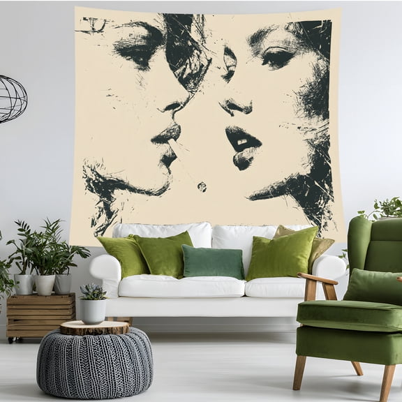 Abstract Couple Face Tapestry Wall Hanging, Black and White Romantic Sketch Wall Decor for Bedroom Living Room Dorm