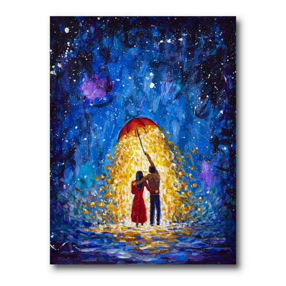 Abstract Couple In Love Walks Under Glowing Umbrella 8 in x 12 in Painting Canvas Art Print, by Designart