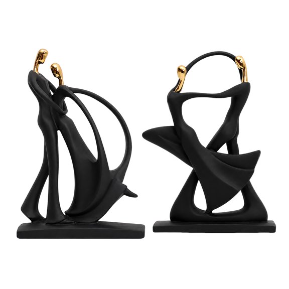 Abstract Couple Sculpture Set of 2 Resin Dancing Figurines, Black and Gold Modern Home Decor for Living Room Shelf and Tabletop Display