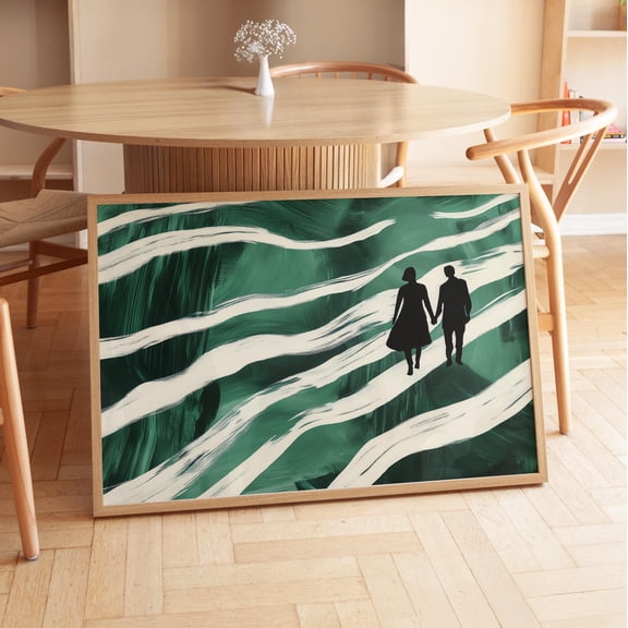 Abstract Couple Silhouette Print Green Waves Art Home Decor Office Wall Art