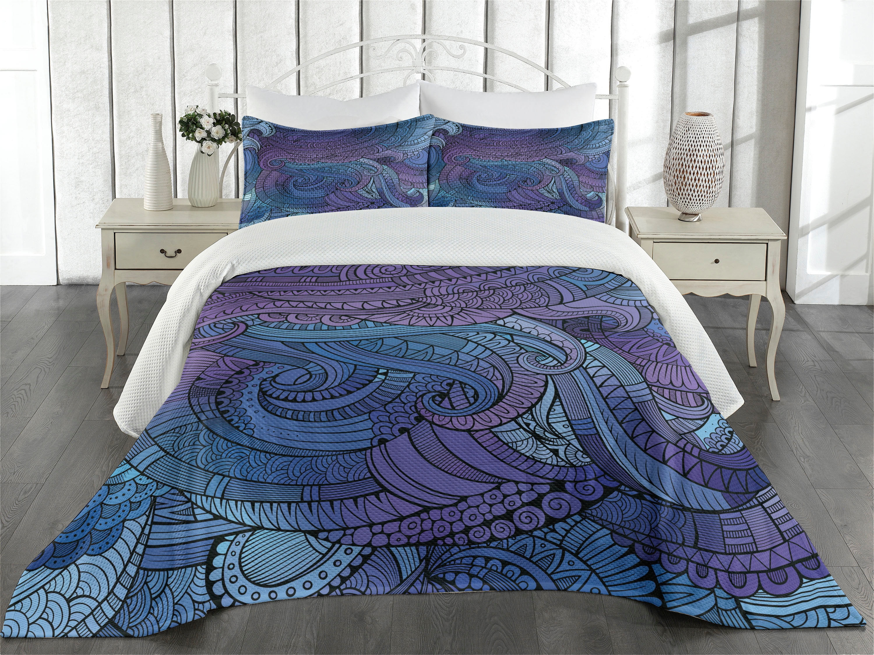 Abstract Coverlet, Ocean Inspired Graphic Paisley Swirled Hand Drawn ...