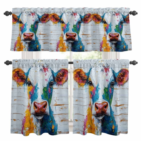 Abstract Cow Kitchen Curtains Sets for Windows 24 Inch Length, Farmhouse Colorful Animals Oil Painting Rod Pocket Window Treatments Tier Curtains and Valances Set for Bedroom/Bathroom