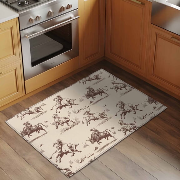 Abstract Cowboy Horse 2x3 Rug for Entryway Front Door Kitchen Sink Area, Vintage Beige Background Western Low Pile Washable Non Slip Rectangle Area Rug