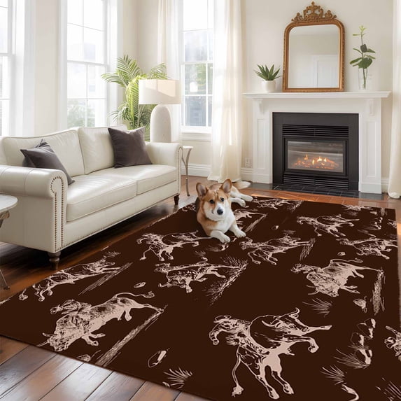 Abstract Cowboy Horse Large Area Rugs 5x8 ft Vintage Black Background Western Washable Rug Non Slip Indoor Carpet Absorbent Floor Mat for Living Room Bedroom Dining Room