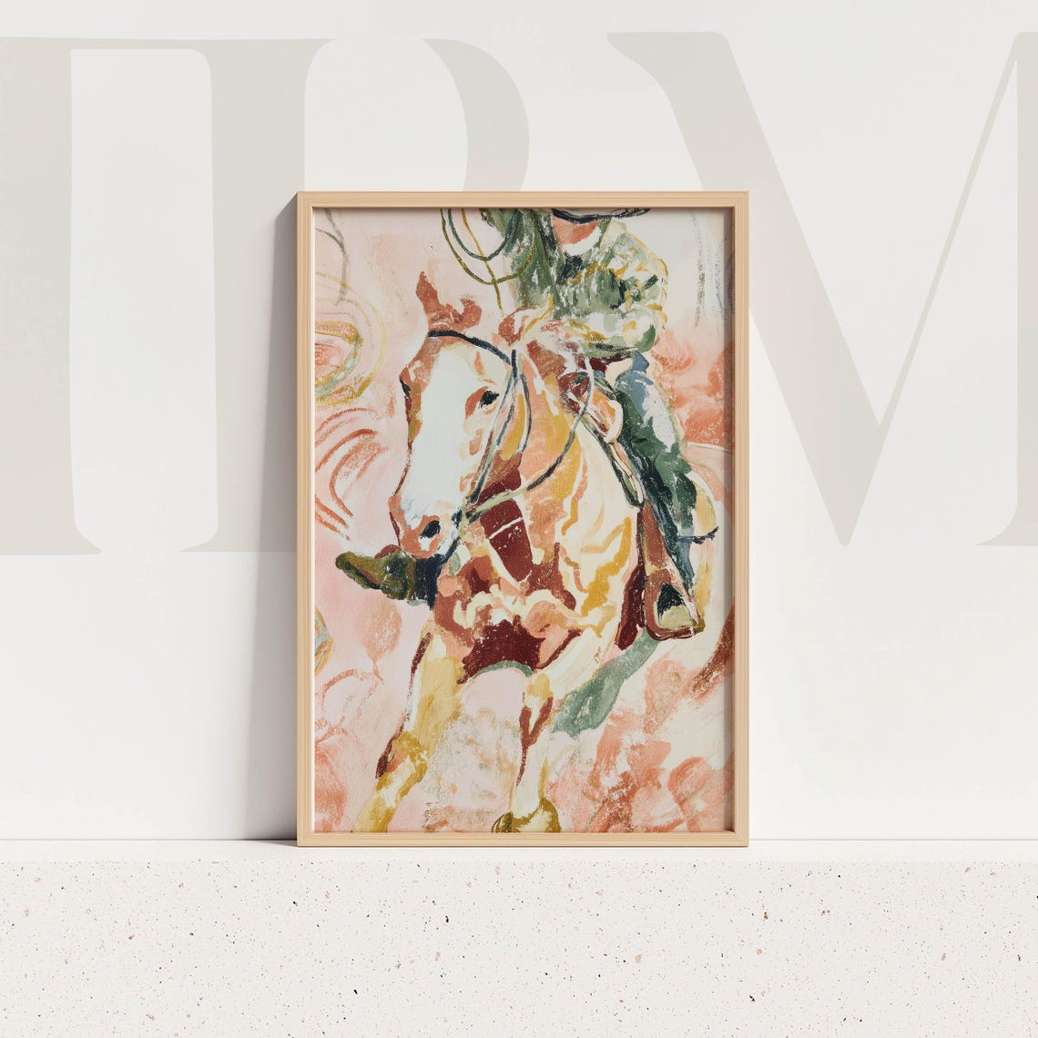 Abstract Cowboy Horse Print, Western Wall Art In Pink And Green Boho ...