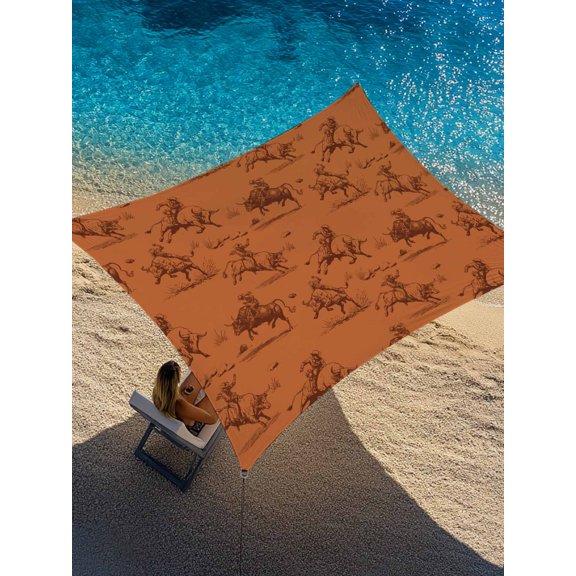 Abstract Cowboy Horse Sun Shade Sail 12' x 16', Vintage Orange Background Western Rectangle Outdoor Sunshade Canopy, Waterproof UV Block Patio Covers for Garden Yard Beach