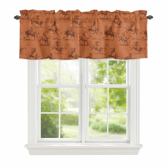 Abstract Cowboy Horse Window Valance for Kitchen, Vintage Orange Background Western Rod Pocket Short Curtain for Small Windows, Light Filtering Decorative Valance, 60 x 14 Inch, 1 Panel