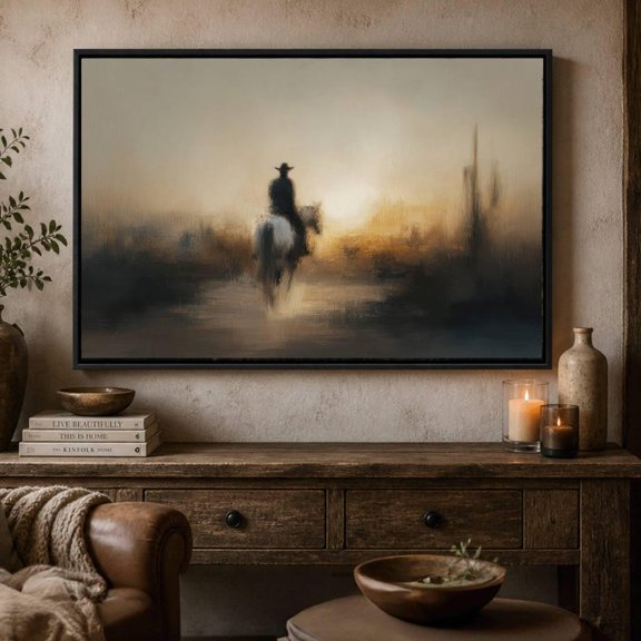 Abstract Cowboy Sunset Wall Art Print, Western Desert Landscape, Lone Rider Horse Painting, Rustic Ranch Decor, Cinematic Wild West Artwork