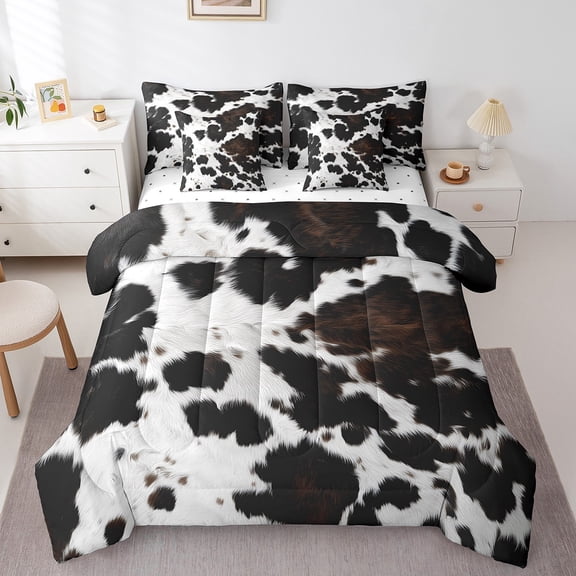 Abstract Cowhide Comforter Set 7pcs,Brown White Cow Print Bedding Twin,Farm Animals Print Bed Set with 1 Comforter,1 Fitted Sheet,1 Flat Sheet,2 Pillowcases,2 Throw Pillow Cover