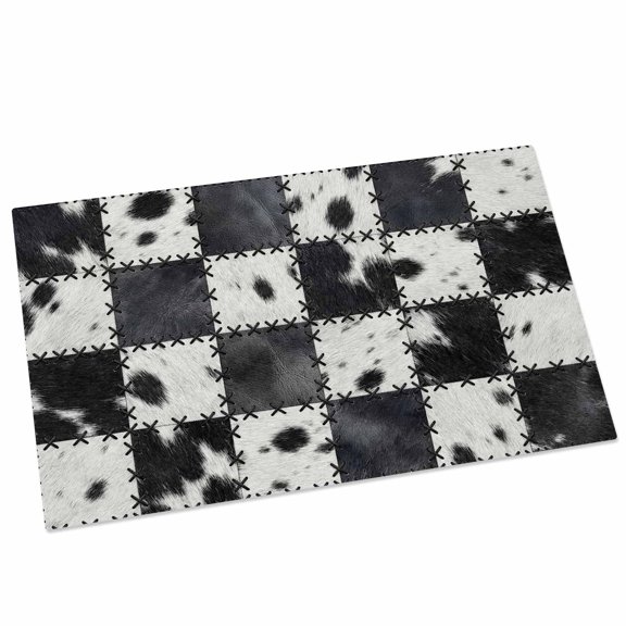 Abstract Cowhide Patchwork Door Mat 16x24 Inch Country Farm Black White Plaid Entryway Rug with Non-Slip Rubber, Front Door Mat Indoor Floor Mats for Living Room Bathroom Bedroom Home Office
