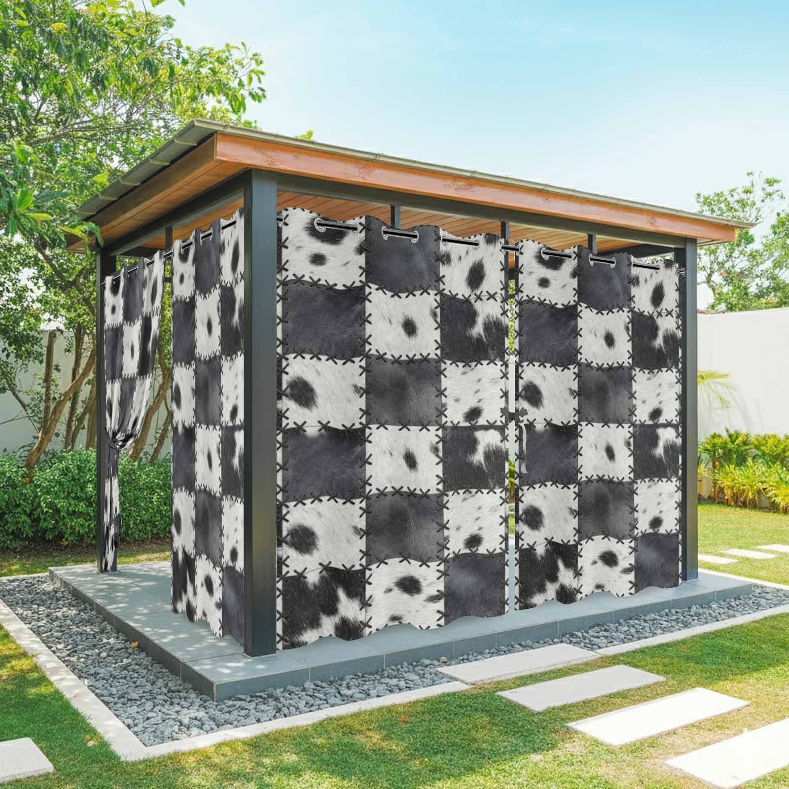 Abstract Cowhide Patchwork Outdoor Curtains for Patio, Country Farm Black White Plaid Sunshade Privacy Drapes Grommet Waterproof Outside Curtains for Porch/Cabana/Balcony 54"x 108", 1 Panel