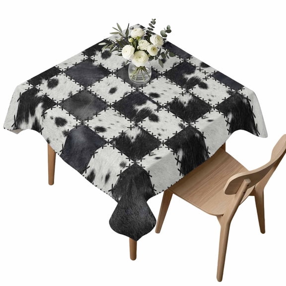 Abstract Cowhide Patchwork Square Tablecloth Country Farm Black White Plaid Waterproof Wrinkle Free Soft Table Cloth Spill-Proof Washable Table Cover for Dining Party Picnic 54 x 54 Inch