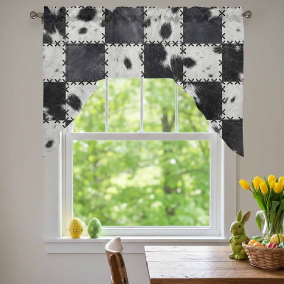 Abstract Cowhide Patchwork Swag Valances for Kitchen Window, Country Farm Black White Plaid Small Swag Valances Rod Pocket Curtain Drapes Window Treatment for Bedroom Bathroom, 56x36 Inch