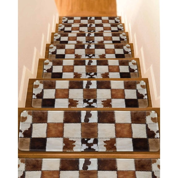 Abstract Cowhides Non-Slip Stair Treads for Wooden Steps, 7 Pack-8x30in Carpet Stair Mats with Adhesive Backing, Noise-Reducing Step Covers for Indoor Stairs, Easy to Install & Residue-Free