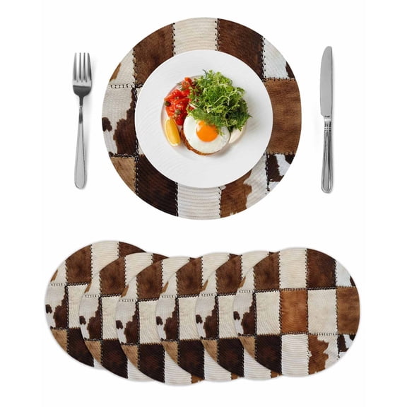 Abstract Cowhides Round 15 Inch Placemats Set of 6, Brown Beige Animal Fur Texture HeatResistant Non Slip Place Mats for Dining Table, Wipeable Braided Kitchen Table Mats for Housewarming
